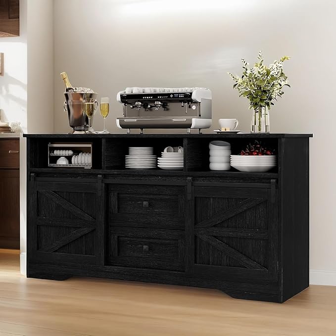 YITAHOME 59" Large Buffet Sideboard Cabinet, Farmhouse Kitchen Cabinet with 2 Sliding Doors & 2 Drawers for Kitchen, Living Room Storage (White)