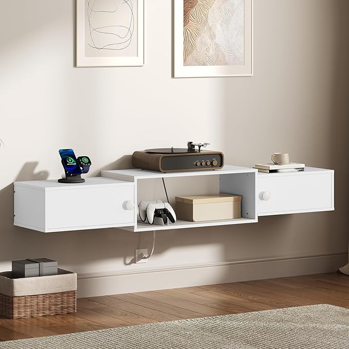 HOOBRO 55" Floating TV Stand with Power Outlet, Modern Wall Mounted Media Console Shelf Cabinet for Under TV Storage, Entertainment Center, Living Room, Bedroom, White WT11UDS01