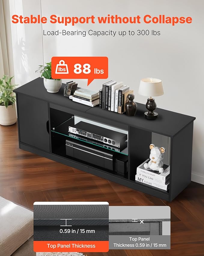 VEVOR TV Stand for TVs up to 65 inch, Modern Entertainment Center with Light Strip, Wooden TV Cabinet Storage with Glass Shelf and Adjustable Shelves, Console Table for Living Room and Bedroom, Black
