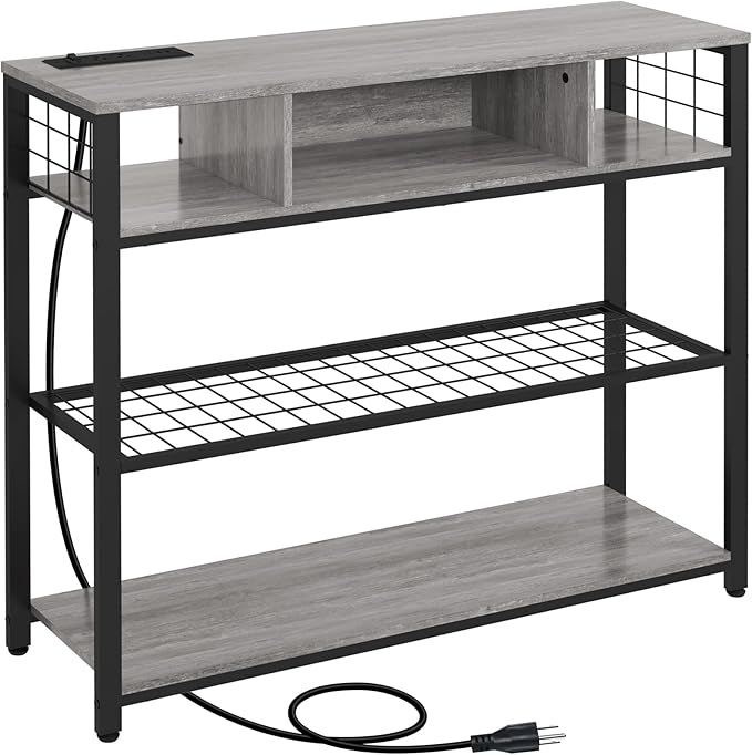Narrow Entryway Console Table with Storage, Drawer and Charging Station - Behind Couch Table with Outlet and USB Ports for Living Room Foyer, Grey