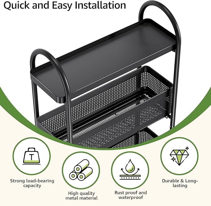 KINGRACK 5-Tier Slim Storage Cart with Pull Out Basket, Rolling Bathroom Organizer Utility, Metal Shelving Unit Slide Out, Lockable Wheels, Easy Assembly for Narrow Place, Kitchen, Laundry Room, Black