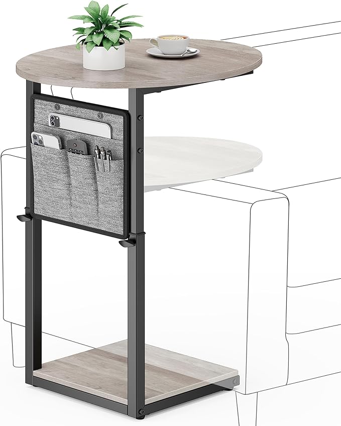 Vagusicc C Shaped End Table, Adjustable Height Small Side Table for Couch and Recliner, 32" Tall Couch Side Table Slide Under Sofa Tray Desk with Storage Bag for Living Room and Bedroom, Greige