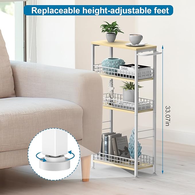 YBING Slim Storage Cart 4-Tier Rolling Kitchen Utility Cart White Narrow Laundry Storage Cart on Wheels and Wood Table Top Mobile Shelving Unit Organizer Trolley for Bathroom Small Space 7.3" W