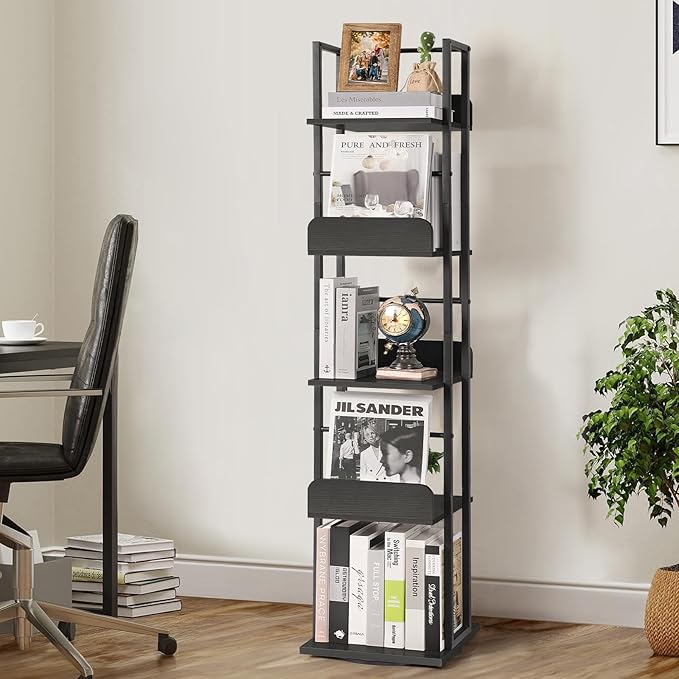 Bikoney Rotating Bookshelf, 5-Tier Bookshelves Tower for Corner, Small Narrow Bookcase, Tall Industrial Bookshelf, Wood and Metal Black
