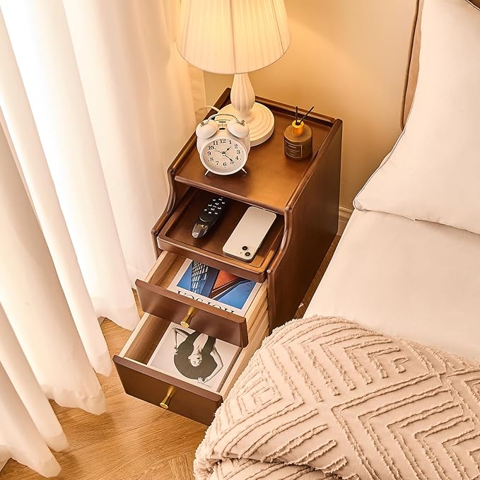 Uniclinens Narrow Nightstand with Drawers, Small Slim Solid Wood Bedside Table for Bedroom, Modern End/Side for Living Room, Walnut