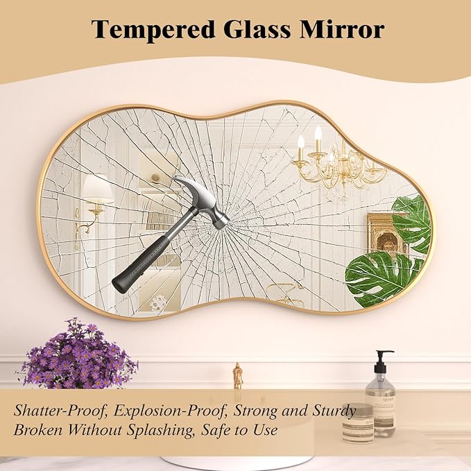 WEER Irregular Wall Mirror, 20x36 inch Gold Asymmetrical Mirror Wall Mounted Mirrors Decorative, Abstract Wavy Aluminum Alloy Frame Mirror for Bathroom, Bedroom, Living Room, Entryway