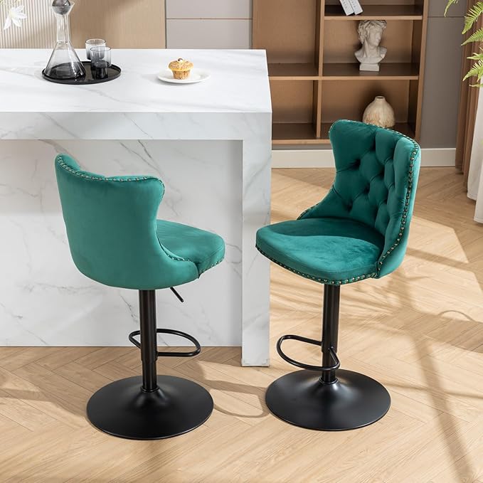 PacknWood Acosure Swivel Velvet Bar Stools Adjusatble Seat Height from 25-33" with 17.7" Base, Modern Upholstered Chairs W/Backs Comfortable Tufted,for Home Pub,Kitchen,Green,Set of 2