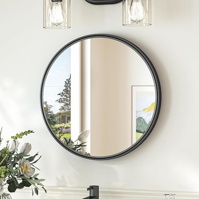 TokeShimi 18 in Round Framed Black Mirror for Bathroom, Shatterproof Circle Bathroom Vanity Mirror, 18x18 Round Wall Mirrored Farmhouse Metal for Living Room, Entryway, Bedroom, Restroom, Vanity