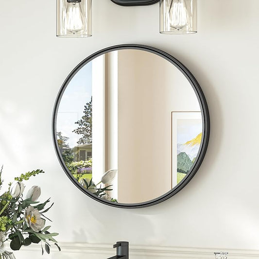 TokeShimi 18 in Round Framed Black Mirror for Bathroom, Shatterproof Circle Bathroom Vanity Mirror, 18x18 Round Wall Mirrored Farmhouse Metal for Living Room, Entryway, Bedroom, Restroom, Vanity