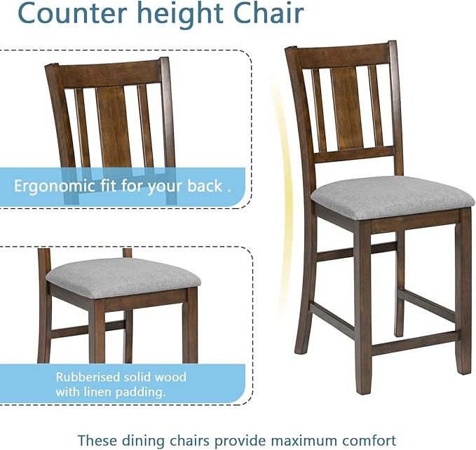 KEIKI 5-Piece Counter Height Dining Table Set with Square Table and 4 Upholstered Slatted Backrset Chair, for 4 Person, Modern Style Wooden Table Set, Easy Assembly, for Kitchen, Dining Room, Walnut