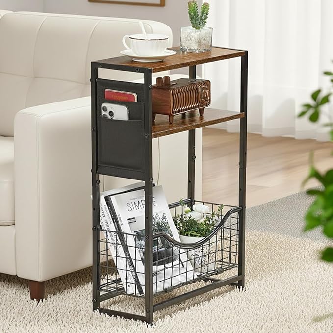 Narrow Side Table, Skinny Small End Tables with Magazine Holder, 3 Tier Small Sofa Side Table for Smalls Spaces, Sofa Couch Tables Bedside Table for Living Room Bedroom Office