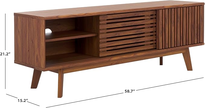 SAFAVIEH ESMA TV Stand for up to 65" Flatscreen – Walnut Brown, Sliding Doors with Interior Storage, Entertainment Media Console (MED9640A)