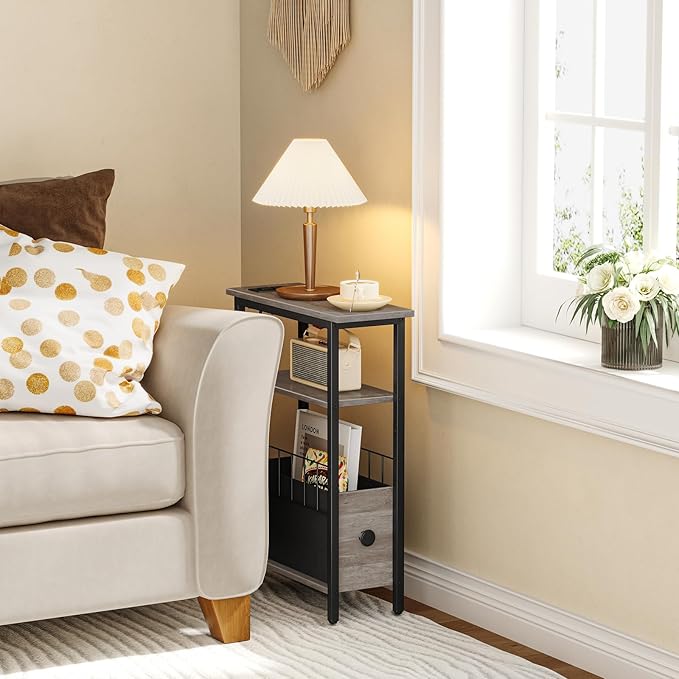 Snughome Narrow Side Table with Charging Station, Slim End Table for Small Spaces, 3 Tier Skinny Nightstand with Drawer, Sofa Beside Table with Storage Shelf for Living Room Bedroom Grey