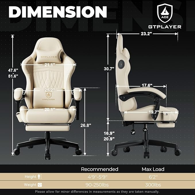 GTPLAYER ACE-PRO Music Gaming Chairs – Built-in Speakers, App Support & Bluetooth Control, Footrest & Pocket, Gamer Chair for Adults, Ivory