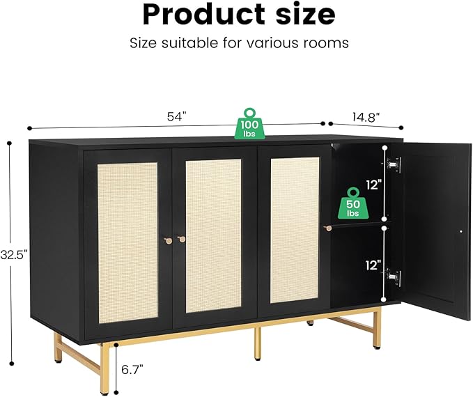 Sideboard Buffets Cabinet with 4 Rattan Doors, Large Storage Accent Cabinet Credenzas Modern Console Table for Living Room, Kitchen (Black)