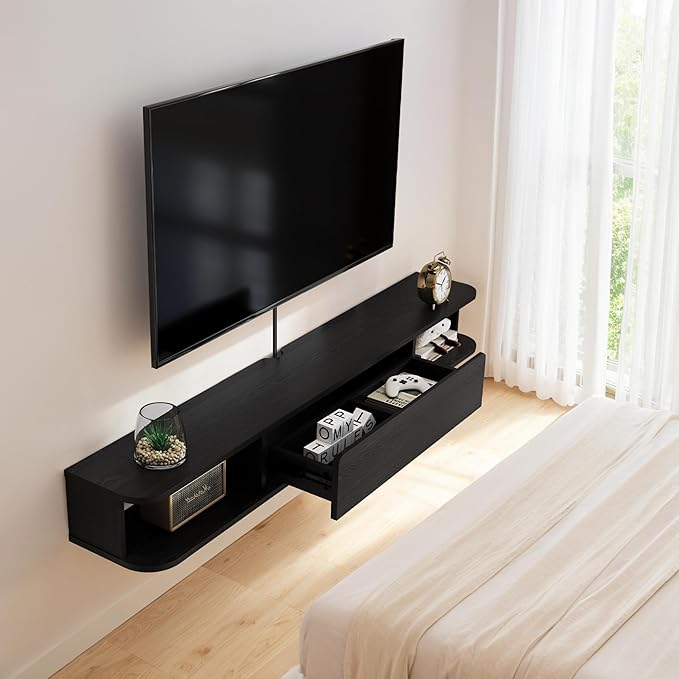 Pmnianhua Floating TV Stand with Drawer,59'' Wall-Mounted TV Cabinet,Floating TV Console,Under TV Entertainment Shelf with Storage for Bedroom Living Room(Black)