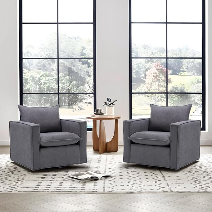 Swivel Accent Chair, 34 Inches Wide Upholstered Arm Chair with Plump Back Pillow, Modern Sofa Living Room Chair for Bedroom, Corner, Reading Nook-Grey