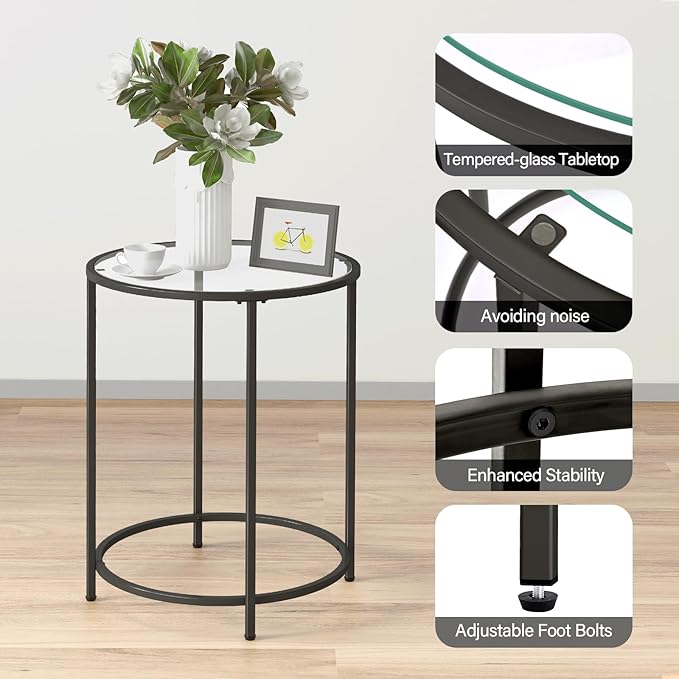 19.7’’ Round Glass End Table, Round Bedside Table with Tempered Glass Top, Black Glass Side Table with Metal Frame, Modern Round End Table for Living Room Balcony Bedroom Porch Patio