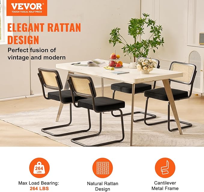 VEVOR Rattan Dining Chairs Set of 4, Mid Century Modern Dining Chair, Upholstered Velvet Accent Chair with Rattan Back, Retro Dining Room Kitchen Chair for Living Room, Bedroom (18.1 Inch)