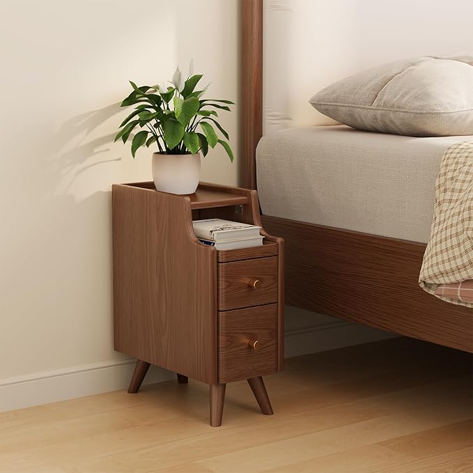 Small Nightstand with Drawers, Solid Wood Bedside Table, Narrow Walnut Nightstand for Bedroom