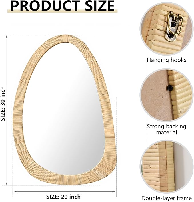 H HOMEWINS Rattan Mirror for Wall,30'' x 20" Wooden Framed Farmhouse Boho Wicker Coastal Irregular Vanity Mirror for Bathroom Living Room Entryway