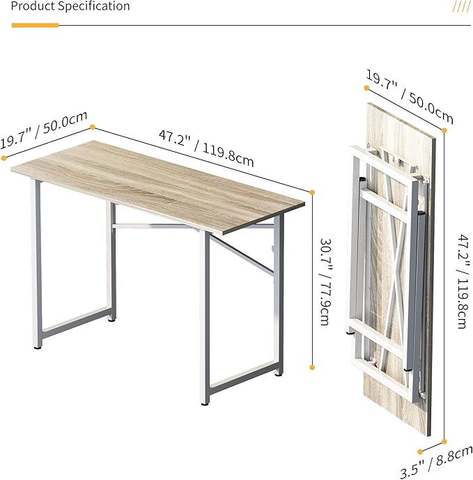 Folding Desk 47 inch No Assembly Required Home Office Table, Writing Gaming Computer Camping Desk, Beige