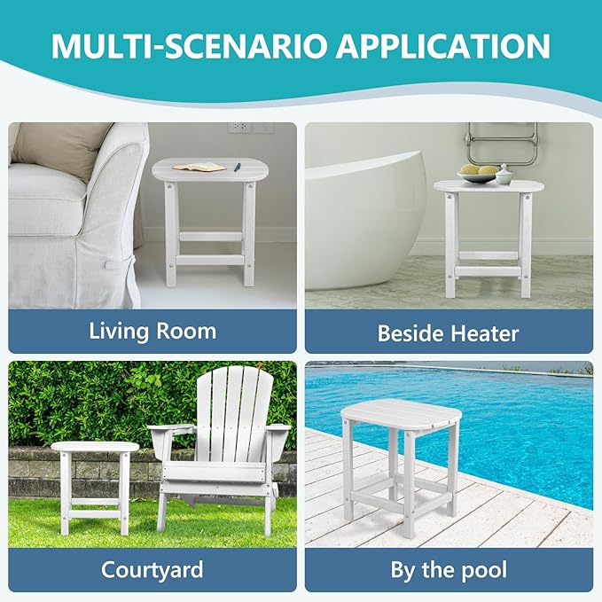 Hdpe Outdoor Adirondack Side Table, Wooden Textured, Set for Patio, Garden, Porch, Pool Composite Patio, Backyard, Bathroom and Indoor, Maintenance & Weather Resistant (White)