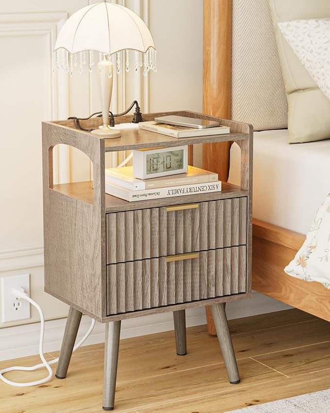 Nightstand with Charging Station,Small Bedside Table with Gold Frame,Morden Night Stand,End Table,Bedside Furniture,Side Table with Drawer and Shelf for Bedroom,Living Room (Grey)