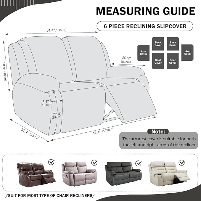 vctops 6 Pieces Geometric Jacquard Plush Recliner Loveseat Slipcovers Soft Fuzzy Fluffy Sofa Couch Cover Anti-Slip Furniture Protector with Elastic Bottom for Kids Cats Dogs(Dark Grey,2 Seat)
