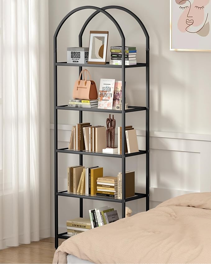 Homhedy Bookshelf Arched Display Racks,Metal Bookcase,Tempered Glass Shelves,Storage Rack Shelf for Home Office,Living Room,Bedroom, Bathroom,Modern Style (Black, 11.8" D x 23.6" W x 62.2" H)