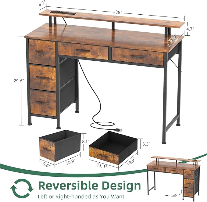 Computer Desk with 5 Drawers, Gaming Desk with LED Lights Power Outlets and Type-C, 39 Inch Office Desk with Storage, Monitor Stand, Writing Desk Work Table for Home Office, Small Spaces, Rustic Brown