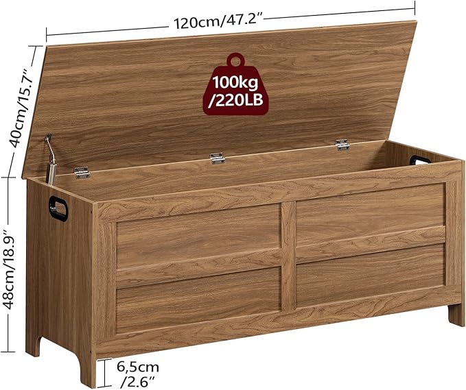 Storage Chest, 47.2” Large Toy Chest, Entryway Storage Trunk, Storage Bench with Safety Hinge, Entrance Bench for Living Room, Entrance, Bedroom, Honey Brown SCOR48901