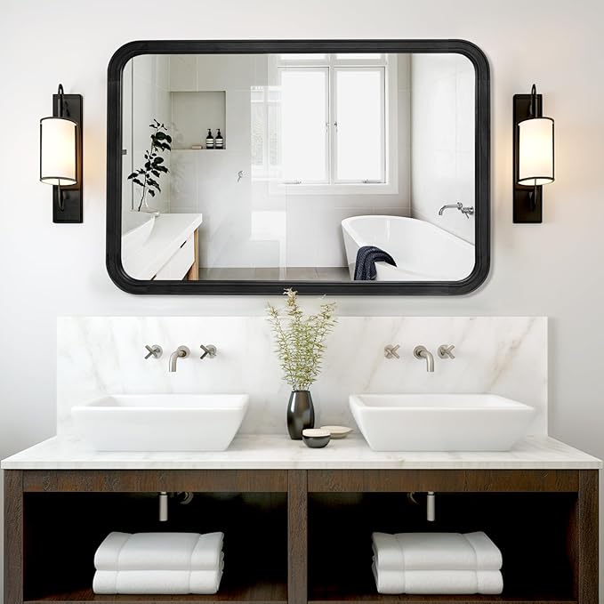 WallBeyond Wood Bathroom Mirror for Wall 24x36 Inch Wooden Frame Rectangle Mirror for Farmhouse Bathroom Vanity Wall Mounted Decorative Mirror (Horizontal/Vertical Black)