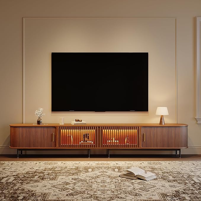 POVISON Sliding Tambour Door TV Stand with LED Lights, Mid Century Modern TV Console, Wood Media Console, Entertainment Center with Storage Cabinet, Fully-Assembled (Walnut, 118.11")