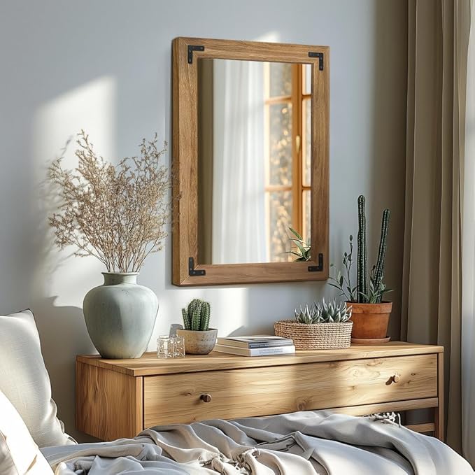 Bathroom Mirror for Wall with Wooden Frame, 20"x28" Solid Wood Vanity Mirror for Farmhouse, Bathroom, Bedroom, Vertical or Horizontal Hanging