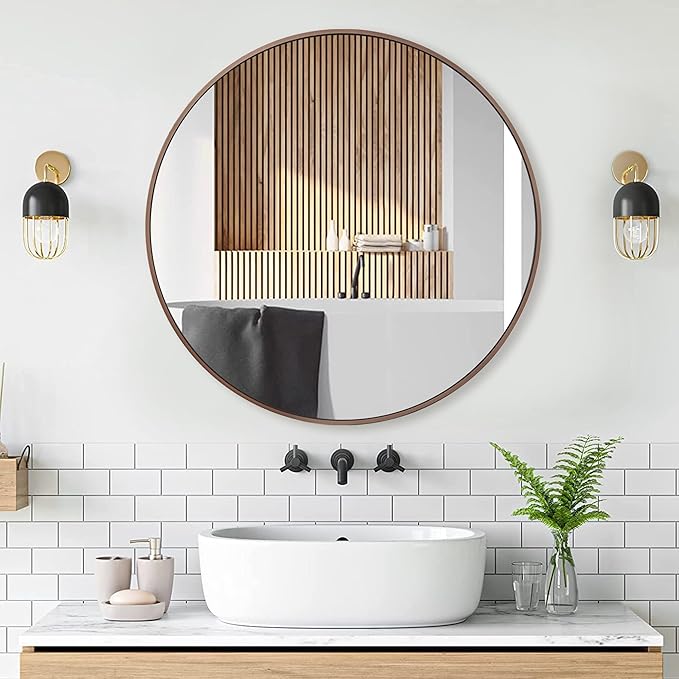 30 inch Circle Wall Mirror, Brushed Bronze Metal Framed Round Mirror for Bathroom Vanity, Bedroom Decor, Living Room, Entryway