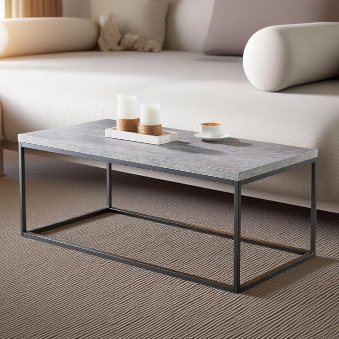CENSI 40-Inch Concrete Accent Coffee Table Ottoman for Living Room, Rectangle, Mid-Century Modern Industrial Style, Extra Thick Top, Wood and Metal (Grey Marble)