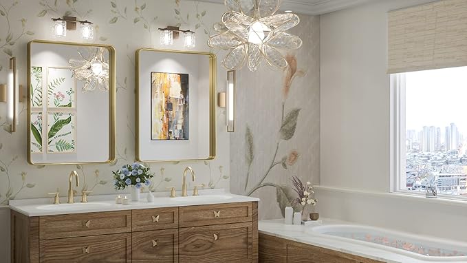 TokeShimi Bathroom Mirror for Wall 24 x 32 Inch Gold Brushed Brass Metal Rounded Corner Rectangle Mirror Wall Mirror in Metal Frame