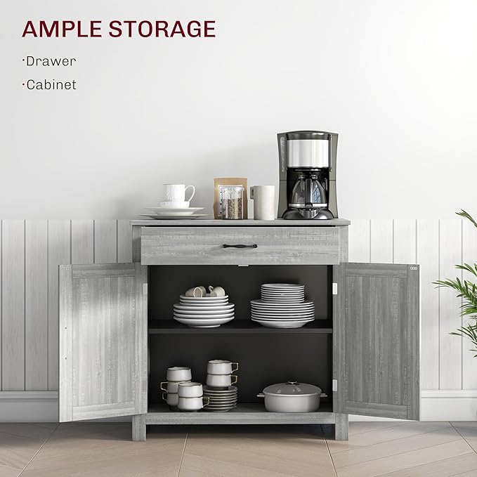 HOMCOM Farmhouse Sideboard Buffet Cabinet, Barn Door Coffee Bar Cabinet with Drawer and Adjustable Shelf, for Living Room, Entryway, Stone Gray