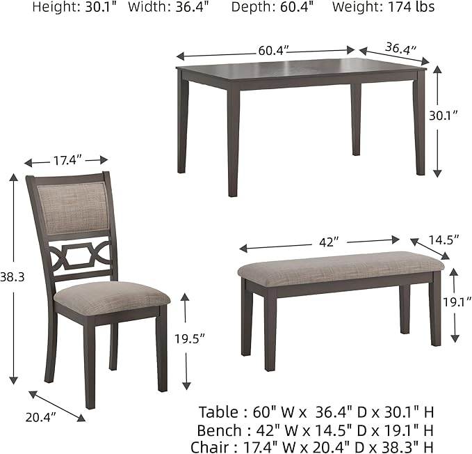 Signature Design by Ashley Wrenning Modern Diamond Patterned Dining Table with 4 Upholstered Chairs and Bench, Set of 6, Gray & Light Gray