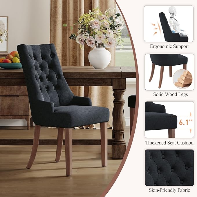COLAMY Wingback Upholstered Side Dining Room Chairs Set of 2, Fabric Dining Chairs with Tufted Button, Living Room Chairs for Home Kitchen, Black