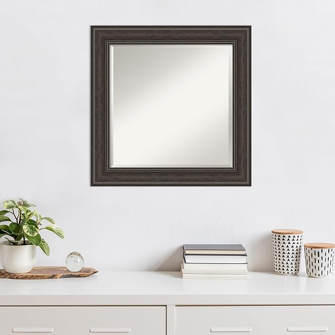 Amanti Art Brown Wall Mirror 26x26 Shipwreck Greywash Square Bathroom Mirror for Wall Decor Living Room, Medium Traditional Frame, Hangs Horizonally and Vertically, Bathroom Decor, Beveled Edge