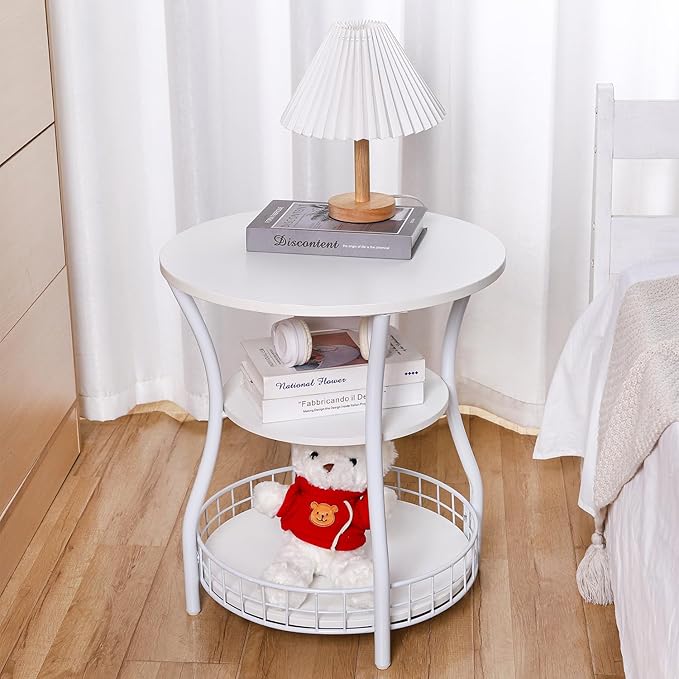 Round End Table, 3-Tier Side Table with Storage, Accent Corner Sofa Beside Table for Small Spaces,Steel Frame Nightstand for Living Room, Bedroom, Small Coffee Table,White