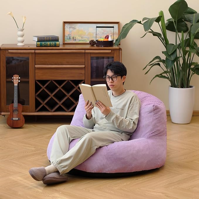 N&V Large Crescent Bean Bag Chair, Adult Size Bean Bag Sack, Foam Filling, Soft Premium Corduroy Bean Bag for Living Room Bedroom Dorm and Office (Lavender)