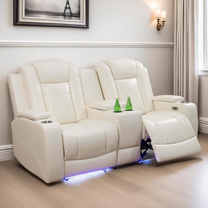 Loveseat Recliner Sofa, Reclining Loveseat Leather Couch with Storage Console, Modern Comfy Home Theater Seating Power Recliner Chair with Cup Holders for Living Room Furniture Sets, White