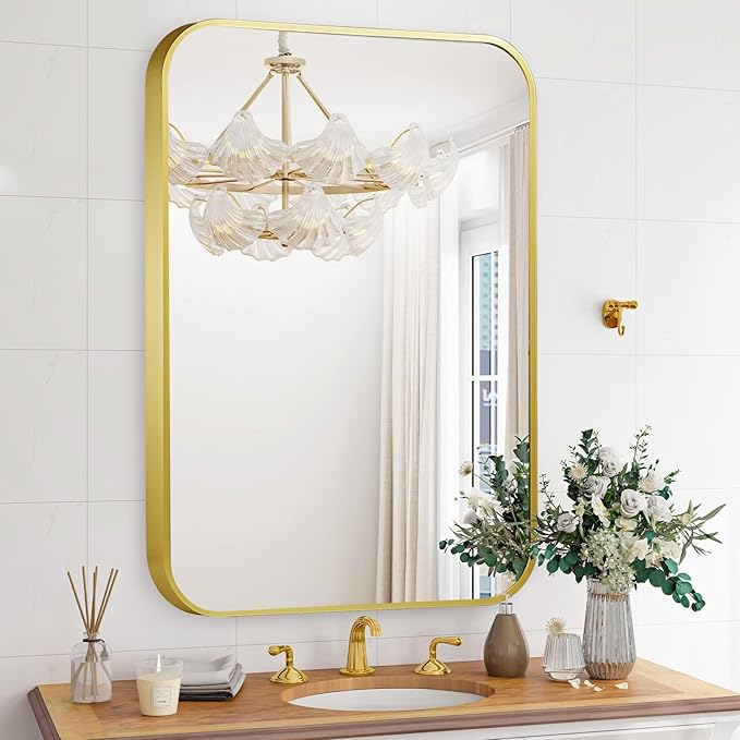 24x36 Inch Bathroom Mirror for Wall,Matte Gold Framed Rectangle Mirror with Rounded Corner,Aluminum Alloy Framed Brushed Wall Mirror for Bedroom or Living Room,Vertical or Horizontal