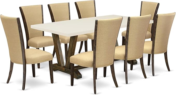 East West Furniture V727VE703-9 9 Piece Kitchen Table Set Includes a Rectangle Dining Table with V-Legs and 8 Brown Linen Fabric Parson Dining Room Chairs, 40x72 Inch, Multi-Color