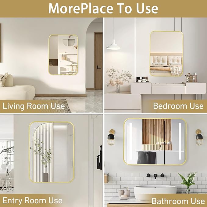 16x24 Inch Bathroom Mirror for Wall,Matte Gold Framed Rectangle Mirror with Rounded Corner,Aluminum Alloy Framed Brushed Wall Mirror for Bedroom or Living Room,Vertical or Horizontal