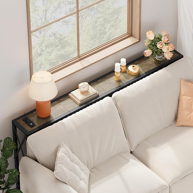 Sofa Table with Oulets and USB Ports, 55.1" Couch Table Behind Sofa, Industrial Long Skinny Stand for Hallway, Living Room, Bedroom, 6.5 Feet Power Cord