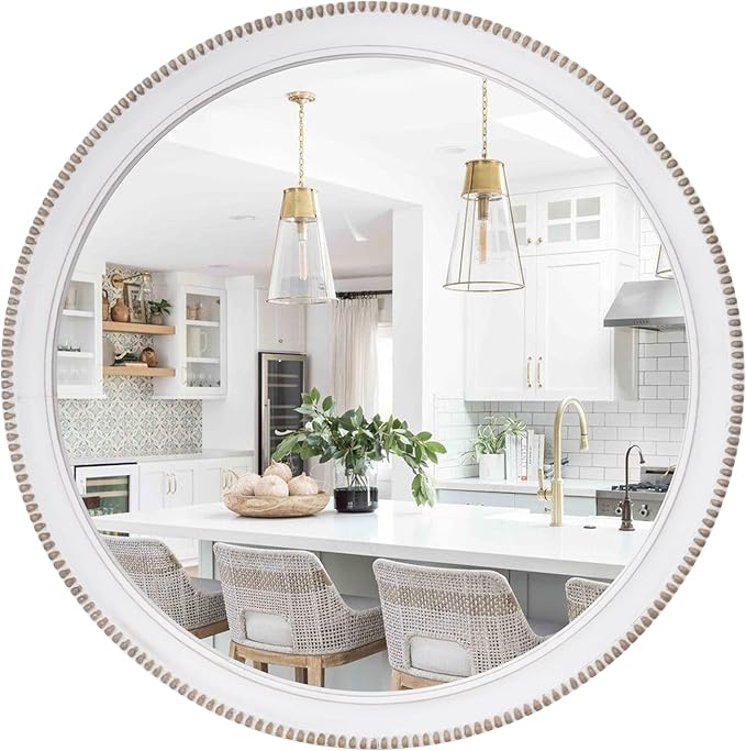 sawsile Wood Circle Mirror,Rustic Farmhouse Wall Mirror 28 inch Round Morden Decoration Wood Large Mirror White Accent Mirror for Bedroom,Living Room